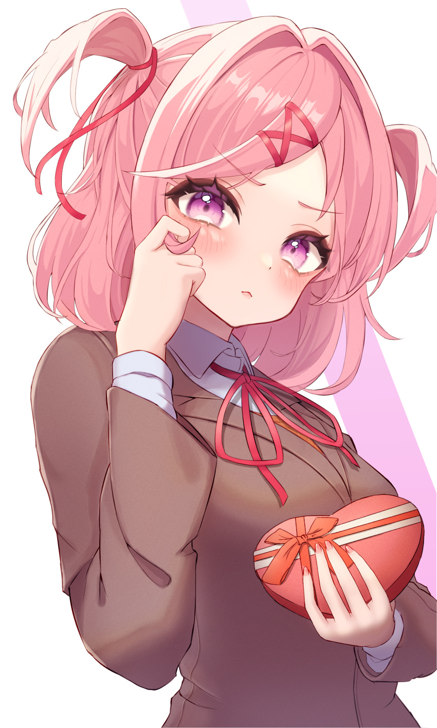 1girl :&lt; absurdres blush box brown_jacket closed_mouth collared_shirt commentary_request doki_doki_literature_club dress_shirt eyelashes fingernails gift hair_intakes hair_ornament hair_ribbon hair_twirling hand_up heart-shaped_box highres holding holding_gift jacket lapels long_sleeves looking_at_viewer medium_hair nail_polish natsuki_(doki_doki_literature_club) neck_ribbon parted_bangs pink_hair pink_nails purple_eyes red_ribbon ribbon school_uniform shirt sidelocks simple_background solo swept_bangs two_side_up upper_body v-shaped_eyebrows wahhuru1129 white_background white_shirt wing_collar x_hair_ornament