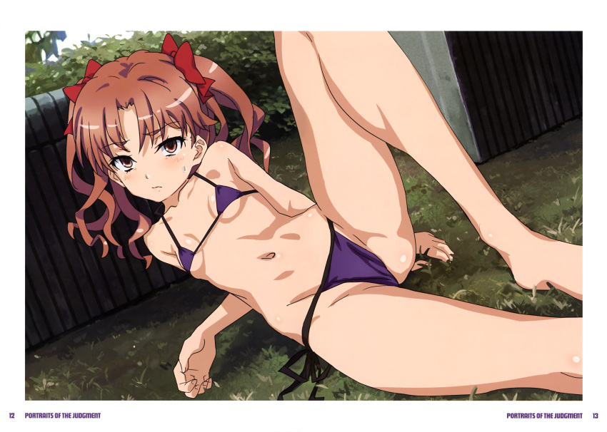 1girl absurdres ass bikini blush breasts brown_eyes brown_hair closed_mouth fujikawa_daichi hair_ribbon highres long_hair looking_at_viewer navel non-web_source outdoors purple_bikini ribbon shirai_kuroko small_breasts solo swimsuit thong_bikini toaru_kagaku_no_railgun toaru_majutsu_no_index twintails