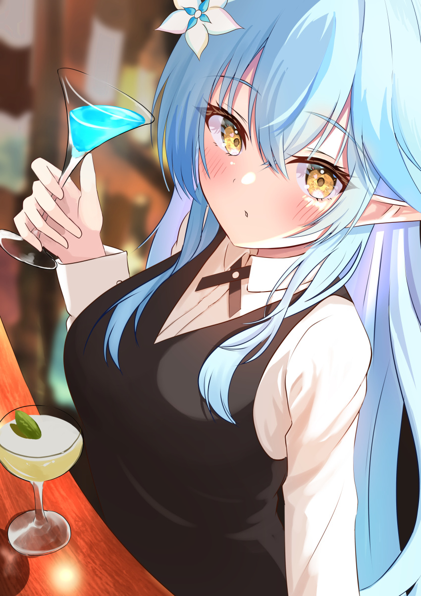 1girl absurdres bar_(place) bartender blue_hair blurry blurry_background blush breasts cocktail_glass collared_shirt crossed_bangs cup dress_shirt drinking_glass elf eyes_visible_through_hair flower hair_between_eyes hair_flower hair_ornament highres holding holding_cup hololive large_breasts long_hair long_sleeves multicolored_hair onabe_no_shime parted_lips pointy_ears shirt solo streaked_hair surprised very_long_hair virtual_youtuber waistcoat white_flower white_shirt yellow_eyes yukihana_lamy