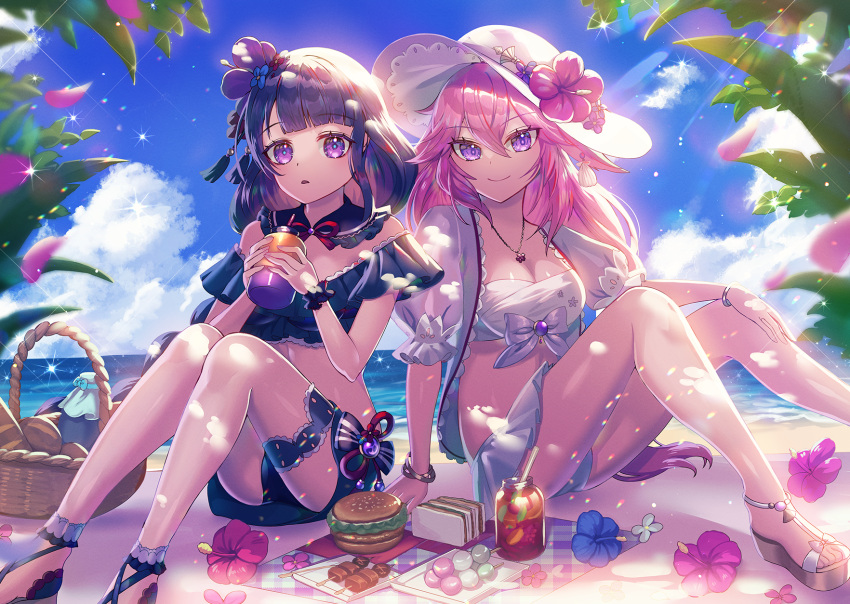 2girls beach bikini bikini_skirt black_bikini black_hair black_skirt blue_sky blunt_bangs bracelet breasts cleavage closed_mouth cloud d: detached_collar flower genshin_impact hair_between_eyes hand_on_own_knee hat hat_flower hibiscus highres holding jewelry long_hair medium_breasts miniskirt multiple_girls neck_ribbon necklace ocean open_clothes open_mouth open_shirt petals pink_hair pleated_skirt purple_eyes purple_flower raiden_shogun raymond_busujima red_flower red_ribbon ribbon shirt short_sleeves sitting skirt sky smile sparkle sun_hat swimsuit thigh_strap white_bikini white_headwear white_shirt white_skirt yae_miko