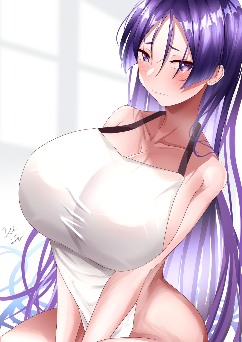 1girl absurdres apron blush breasts fate/grand_order fate_(series) highres large_breasts lee-taro long_hair looking_at_viewer minamoto_no_raikou_(fate) naked_apron nude purple_eyes purple_hair solo white_apron