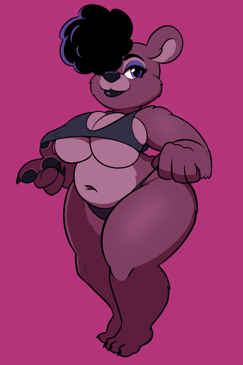 absurd_res afro anthro bear big_breasts black_hair blen_bodega bra breasts brown_body brown_fur claws cleavage clothed clothing female fur hair hair_over_eye hi_res mammal one_eye_obstructed panties pink_background short_stack simple_background slightly_chubby solo underwear wide_hips