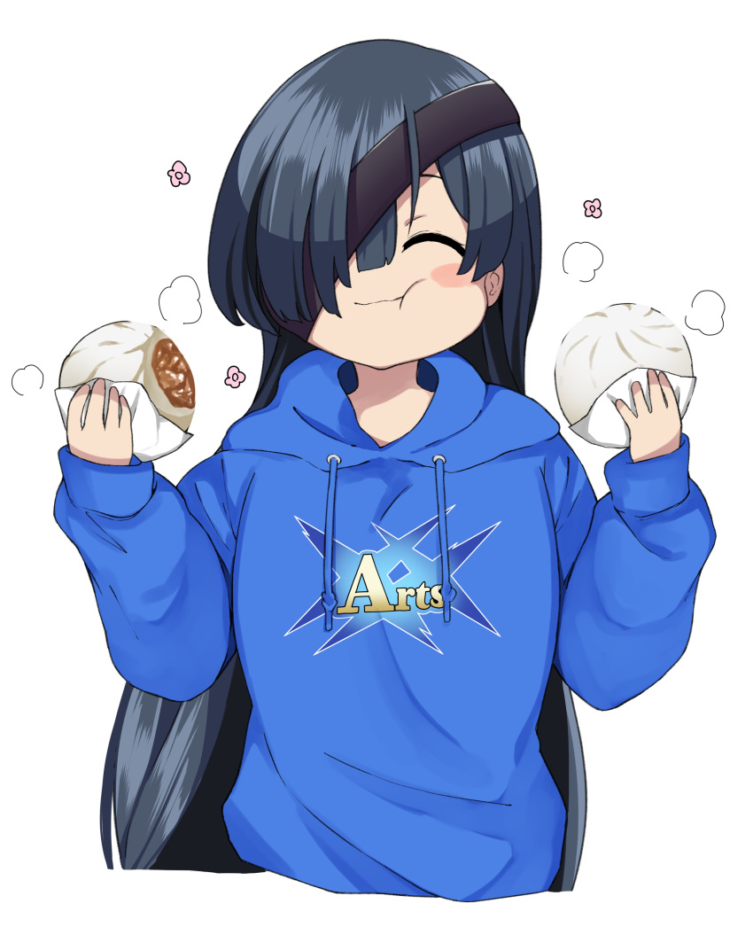 1girl absurdres arts_shirt baozi black_hair blue_hoodie blush_stickers closed_eyes cropped_torso eating eyepatch fate/grand_order fate_(series) food highres hood hoodie long_hair mochizuki_chiyome_(fate) tanuki_(siutkm0228) white_background