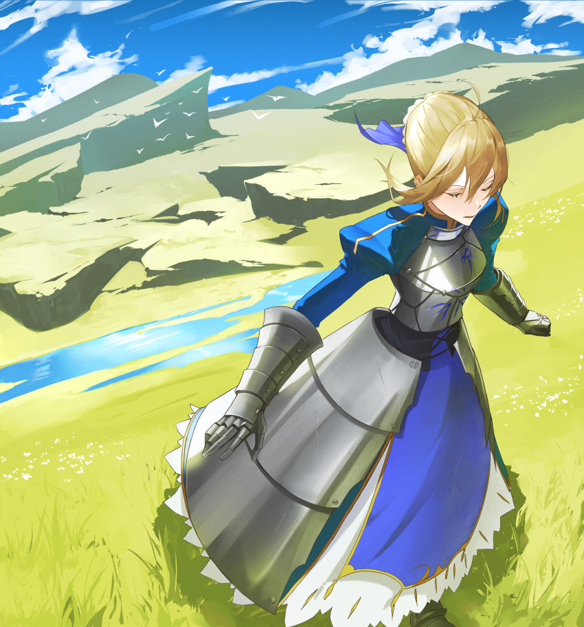 1girl absurdres ahoge armor armored_dress artoria_pendragon_(fate) bird black_corset blonde_hair blue_dress blue_ribbon blue_sky braid braided_bun breastplate clenched_hand closed_eyes cloud corset dress fate/grand_order fate/stay_night fate_(series) faulds field flower gauntlets gold_trim grass hair_bun hair_ribbon highres juliet_sleeves long_sleeves outdoors outstretched_arms parted_lips petticoat pond puffy_sleeves ribbon rock saber scratches sky solo standing sunlight water white_bird white_flower zuraa_(naunau_seijin)