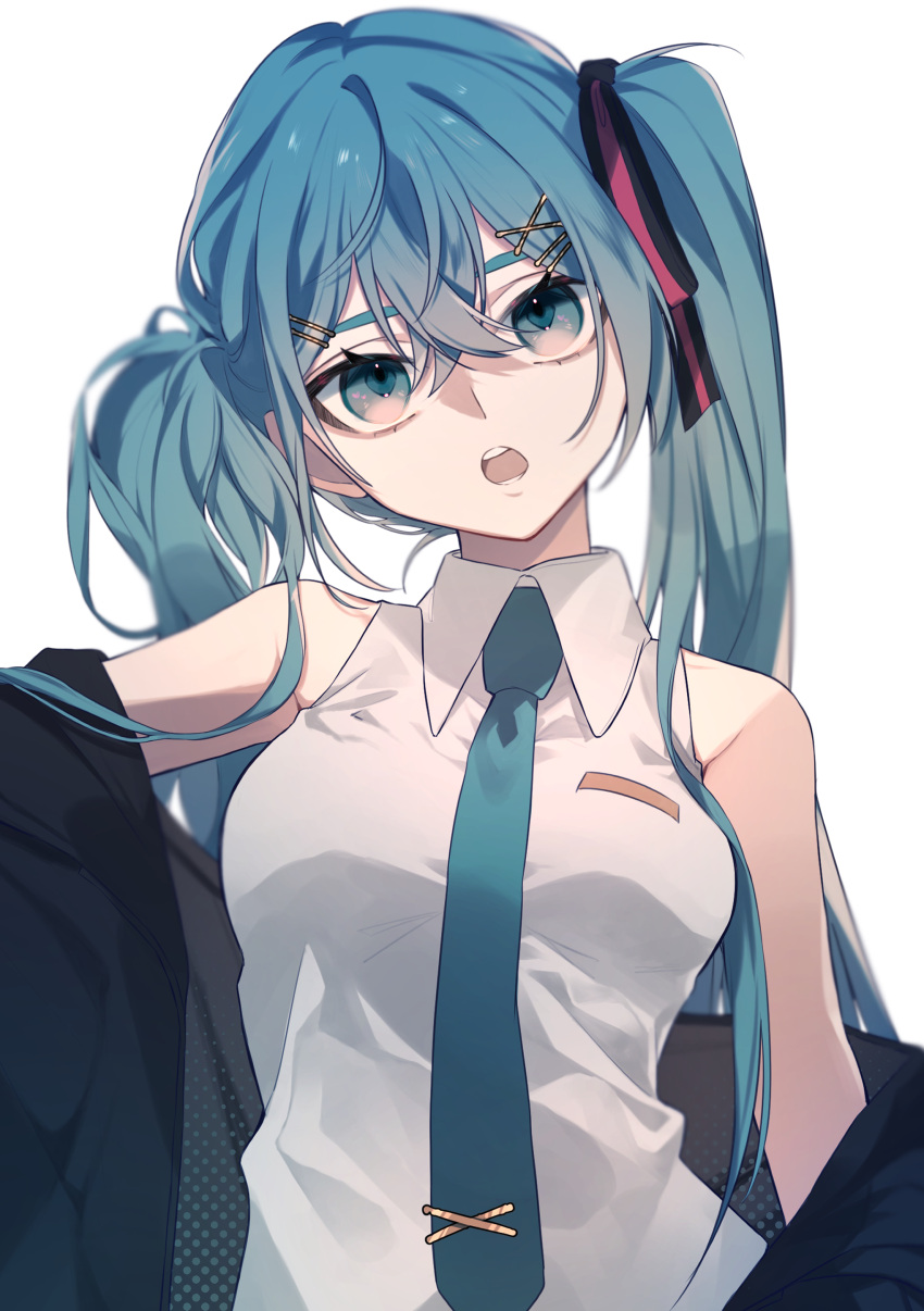 1girl absurdres aqua_eyes aqua_hair aqua_necktie bare_shoulders black_jacket breasts collared_shirt commentary_request crossed_bangs hair_between_eyes hair_ornament hair_ribbon hairclip hatsune_miku head_tilt highres jacket jacket_partially_removed long_hair looking_at_viewer medium_breasts necktie open_clothes open_mouth ribbon shirt simple_background sleeveless sleeveless_shirt solo teeth twintails un_known9999 upper_body upper_teeth_only vocaloid white_background white_shirt x_hair_ornament