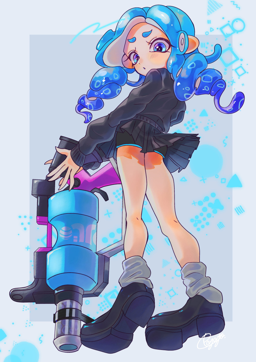 .96_gal_(splatoon) 1girl absurdres bike_shorts black_footwear black_sleeves black_sweater blue_background blue_border blue_eyes blue_hair border commentary eyelashes from_below gun highres holding holding_gun holding_weapon long_hair long_sleeves octoling octoling_girl payayo884 pleated_skirt shorts shorts_under_skirt skirt solo splatoon_(series) sweater symbol-only_commentary weapon