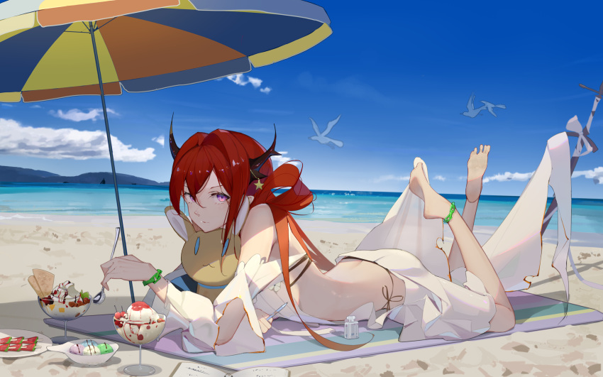 1571874752 1girl arknights ass bare_shoulders barefoot beach beach_umbrella bikini bird book breasts cloud cloudy_sky demon_horns detached_sleeves dress food green_wristband hair_ornament highres holding holding_pencil holding_spoon horns ice_cream long_hair looking_at_viewer lying medium_breasts official_alternate_costume on_stomach pencil purple_eyes red_hair seagull side-tie_bikini_bottom sky soles solo spoon star_(symbol) star_hair_ornament surtr_(arknights) surtr_(colorful_wonderland)_(arknights) swimsuit swimsuit_cover-up sword thigh_strap toes umbrella water weapon white_bikini