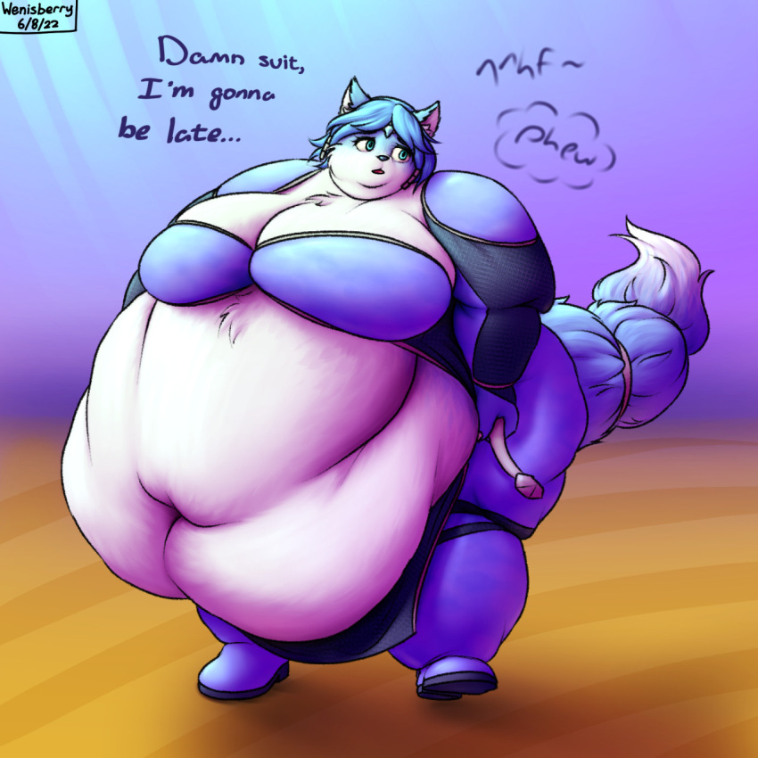 2022 anthro belly big_belly big_butt blue_body blue_clothing blue_eyes blue_fur blue_hair boots bottomwear breasts butt canid canine clothing dialogue female footwear fox fur hair hi_res huge_butt hyper hyper_belly hyper_butt krystal male mammal morbidly_obese morbidly_obese_female nintendo obese obese_female overweight overweight_female pants solo star_fox suit wenisberry wide_hips