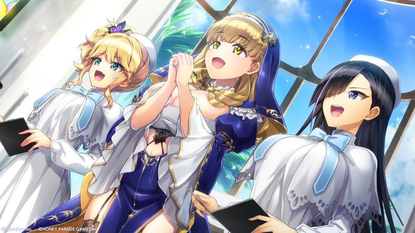 3girls ayato_utae black_hair blonde_hair blue_eyes blue_sky blunt_bangs dolphin_wave dress fang green_eyes hair_over_eyes highres izumi_kiri juliet_sleeves kurose_minami long_sleeves mole mole_under_eye multiple_girls neck_ribbon nun ootomo_takuji pelvic_curtain pleated_sleeves praying puffy_sleeves ribbon sky white_dress wide_sleeves yellow_eyes