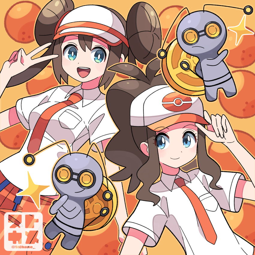 2girls blue_eyes breasts collar collared_shirt commentary_request dot_nose double_bun doughnut_hair_bun gimmighoul green_eyes hair_bun hat highres hilda_(pokemon) medium_breasts multiple_girls naranja_academy_school_uniform necktie open_mouth orange_background orange_necktie orange_shorts pokemon pokemon_(creature) pokemon_(game) pokemon_bw pokemon_bw2 pokemon_sv rosa_(pokemon) school_uniform shirt shorts smile smirk sparkle sutokame teeth upper_teeth_only v white_collar white_shirt yellow_eyes