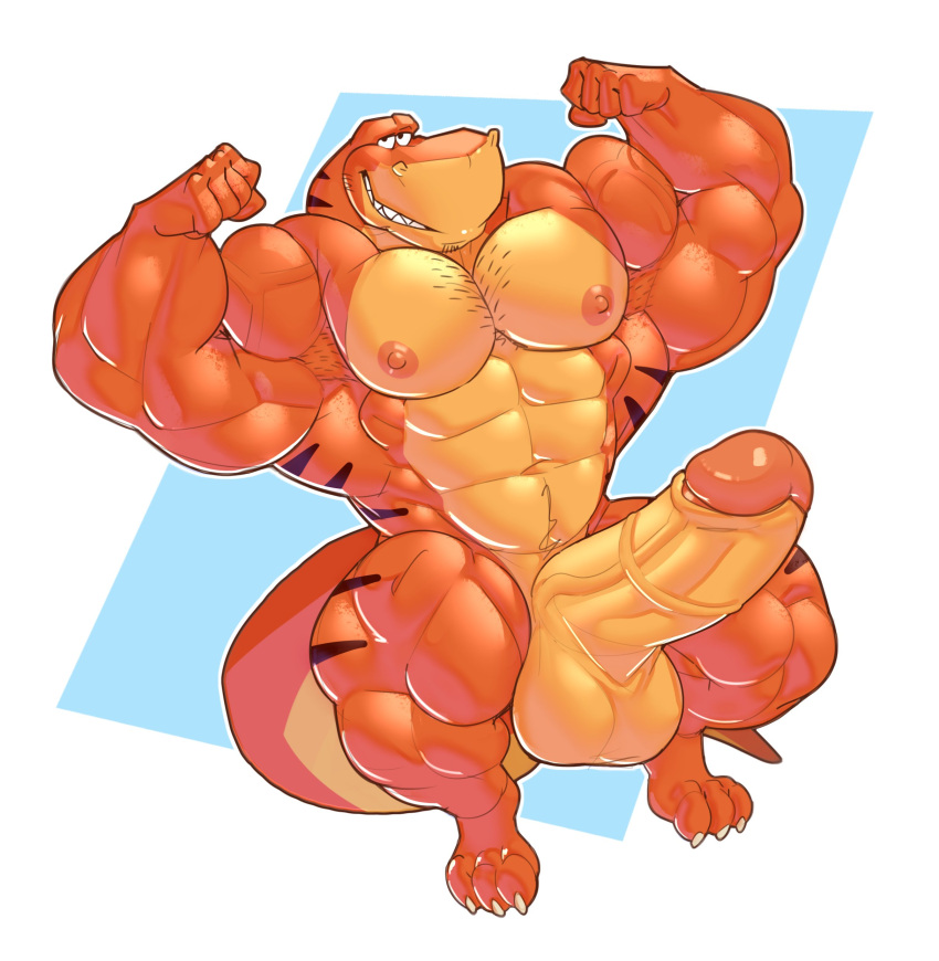 abs absurd_res anthro balls barazoku biceps big_balls big_muscles big_pecs big_penis big_tail chest_tuft claws dinosaur dumbandgreen facial_tuft genitals hair hi_res huge_muscles humanoid_genitalia humanoid_penis male muscular muscular_male nipples pecs penis reptile rex_(we're_back!) scalie smile smiling_at_viewer solo striped_body stripes tail theropod thick_thighs tuft tyrannosaurid tyrannosaurus tyrannosaurus_rex universal_studios we're_back!_a_dinosaur's_story wide_hips