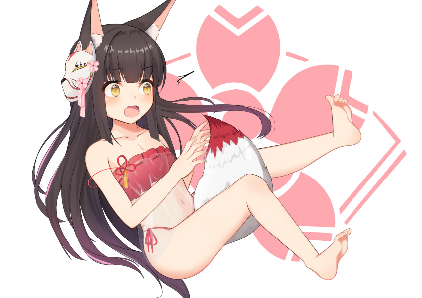 animal_ears azur_lane barefoot between_legs black_hair blunt_bangs blush camisole chinese_knot collarbone fang feet flat_chest fox_ears fox_girl fox_mask fox_tail frilled_camisole frills full_body hawawa highres long_hair mask mask_on_head nagato_(azur_lane) nagato_(great_fox's_respite)_(azur_lane) navel open_mouth panties petite red_camisole red_panties sakura_empire_(emblem) see-through_camisole side-tie_panties skin_fang strap_slip tail tail_between_legs tassel third-party_source toes underwear very_long_hair white_background yellow_eyes