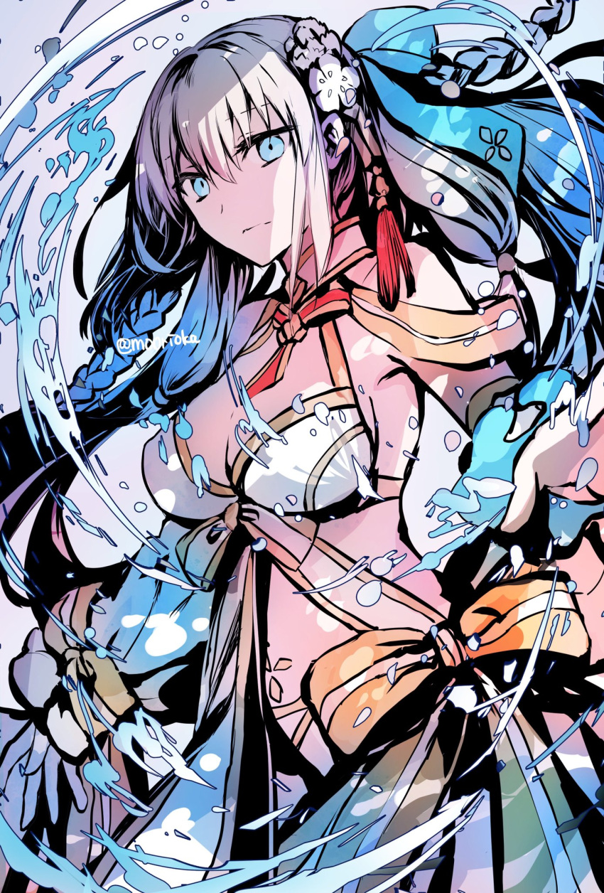 1girl bare_shoulders bikini blue_eyes blue_hair braid breasts cleavage detached_sleeves fate/grand_order fate_(series) flower french_braid gold_trim hair_flower hair_ornament hair_ribbon highres large_breasts long_hair long_sleeves looking_at_viewer morgan_le_fay_(fate) morgan_le_fay_(water_princess)_(fate) ponytail puffy_long_sleeves puffy_sleeves ribbon rioka_(southern_blue_sky) sidelocks solo stomach_tattoo swimsuit tattoo thighlet thighs twin_braids very_long_hair water white_bikini white_hair