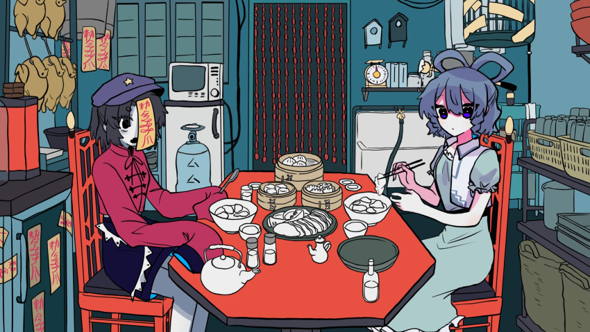 2girls black_eyes black_hair blue_dress blue_eyes blue_hair chair chinese_clothes chopsticks dress fang food frilled_sleeves frills hair_ornament hair_rings hair_stick hat hat_ornament highres holding holding_chopsticks jiangshi kaku_seiga kitchen_scale long_sleeves looking_at_viewer mili_(band) miyako_yoshika multiple_girls ofuda open_mouth oven red_shirt shirt short_hair short_sleeves sitting skin_fang skirt sleeves_past_wrists star_(symbol) star_hat_ornament table teapot touhou vest weighing_scale wide_sleeves wing_collar zeiniku