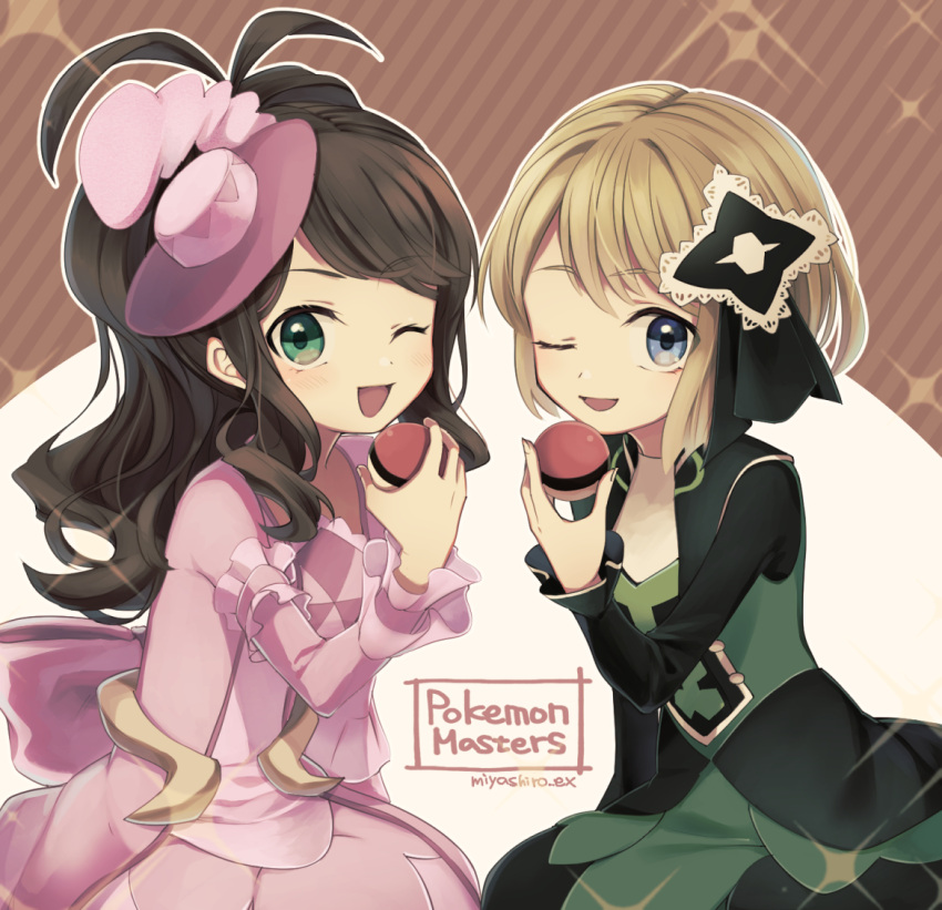 2girls ;d antenna_hair black_ribbon blonde_hair brown_hair commentary_request copyright_name dress eyelashes frills green_dress green_eyes grey_eyes hair_ribbon hand_up hat hilda_(pokemon) hilda_(special_costume)_(pokemon) holding holding_poke_ball long_hair long_sleeves looking_at_viewer mini_hat miyashiro multiple_girls official_alternate_costume one_eye_closed open_mouth pink_dress poke_ball poke_ball_(basic) pokemon pokemon_(game) pokemon_masters_ex ribbon serena_(pokemon) serena_(sygna_suit)_(pokemon) short_hair sidelocks smile