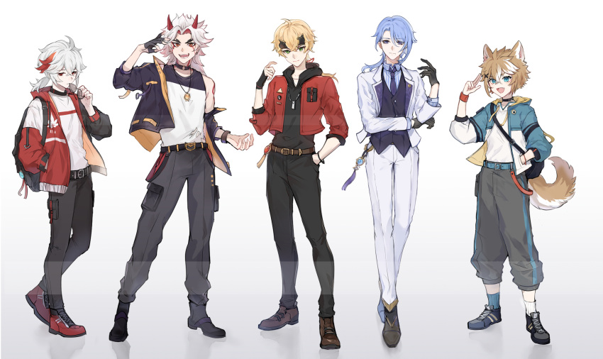 5boys animal_ears arataki_itto bangs belt black_gloves black_jacket black_pants black_shirt black_vest blonde_hair blue_eyes blue_hair brown_hair closed_mouth dog_boy dog_ears dog_tail fang fingerless_gloves genshin_impact glasses gloves gorou_(genshin_impact) green_eyes hair_between_eyes headband highres holding holding_eyewear hood hoodie horns jacket japanese_clothes kaedehara_kazuha kamisato_ayato long_hair long_sleeves male_focus mokusato mole mole_under_mouth multicolored_clothes multicolored_hair multicolored_jacket multiple_boys necktie oni_horns open_mouth pants ponytail red_eyes red_hair red_jacket shirt shoes short_hair smile streaked_hair tail thoma_(genshin_impact) vest vision_(genshin_impact) white_hair white_jacket white_pants