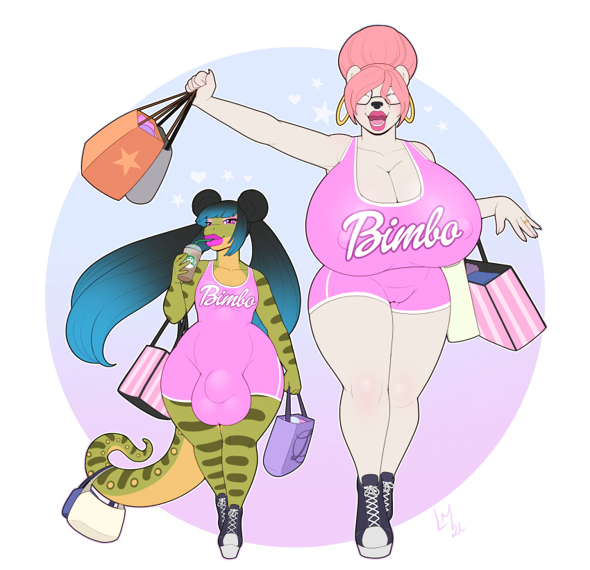 absurd_res addison_(d3rped) bag big_breasts blossom_(solarbear954) breasts clothing duo female footwear girly hi_res high_heels lillymoo lips male male/female simple_background size_difference thick_lips wide_hips