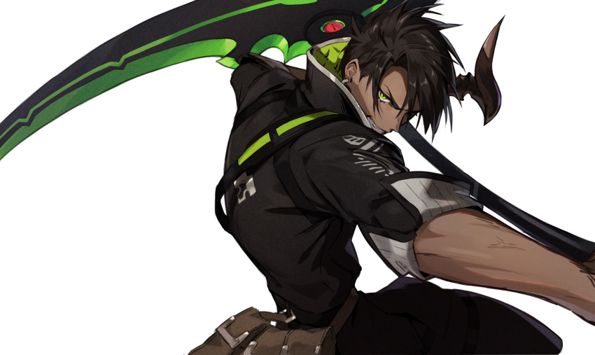 1boy aragami_oga belt_pouch black_hair black_shirt clenched_teeth dark-skinned_male dark_skin from_side furrowed_brow green_eyes highres holding holding_scythe holostars horns looking_at_viewer looking_to_the_side male_focus pouch saku_(sakudeji) scythe serious sharp_teeth shirt short_hair simple_background single_horn sleeves_rolled_up solo swept_bangs teeth upper_body veins virtual_youtuber white_background