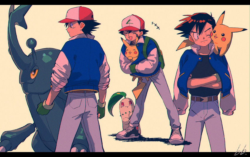 1boy :3 :d :t ^_^ artist_name ash_ketchum baseball_cap belt black_hair blue_jacket brown_belt chikorita clenched_hands closed_eyes commentary_request crossed_arms denim fingerless_gloves full_body gloves green_gloves hat heracross highres holding holding_pokemon jacket kwsby_124 long_sleeves male_focus multiple_views on_shoulder one_eye_closed pikachu pokemon pokemon_(anime) pokemon_(classic_anime) pokemon_(creature) pokemon_on_shoulder profile red_headwear shirt_tucked_in shoes simple_background smile sneakers yellow_background