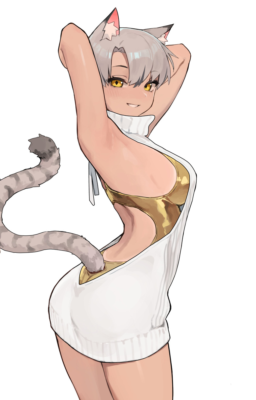 1girl absurdres animal_ear_fluff armpits arms_up breasts cat_girl competition_swimsuit dark-skinned_female dark_skin gold_one-piece_swimsuit grey_hair grey_tail grin highres kara_(vertigris) looking_at_viewer medium_breasts meme_attire one-piece_swimsuit original sideboob smile sweater swimsuit vertigris virgin_killer_sweater white_sweater yellow_eyes