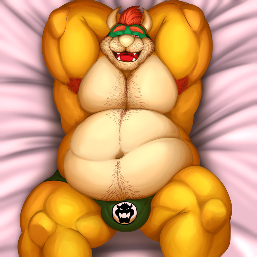 1:1 2023 absurd_res anthro armpit_hair barazoku bedding bedding_background bedroom_eyes belly biceps big_belly big_bulge big_muscles body_hair bowser bulge chest_hair eyebrows facial_hair galvinwolf hair hands_behind_head happy_trail hi_res horn huge_muscles koopa logo looking_at_viewer love_handles male mario_bros musclegut muscular muscular_anthro muscular_male narrowed_eyes navel nintendo one_eye_closed open_mouth open_smile overweight overweight_anthro overweight_male pecs pubes quads scalie seductive shadow simple_background smile solo stubble teeth thick_thighs tongue white_background wink