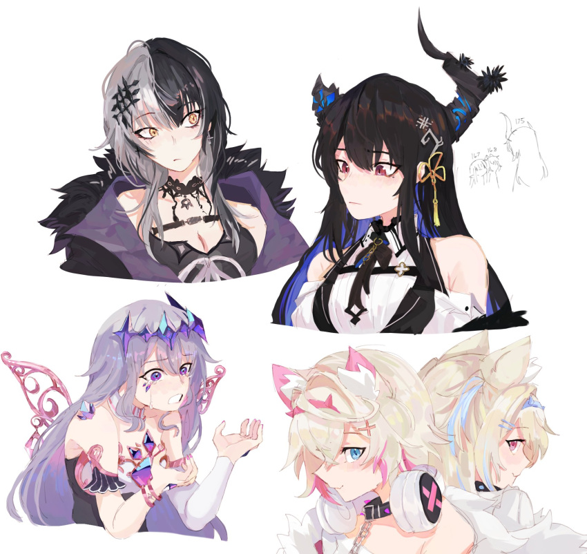6+girls animal_ears asymmetrical_horns back-to-back black_hair blonde_hair blue_eyes blue_hair breasts cleavage collar colored_inner_hair crying dog_ears dog_girl fuwawa_abyssgard grey_hair headphones headphones_around_neck highres holoadvent hololive hololive_english horns koseki_bijou long_hair lucesamaaa mococo_abyssgard mori_calliope multicolored_hair multiple_girls nerissa_ravencroft ouro_kronii pink_eyes purple_eyes red_eyes shiori_novella siblings sisters spiked_collar spikes split-color_hair twins virtual_youtuber white_background white_hair yellow_eyes