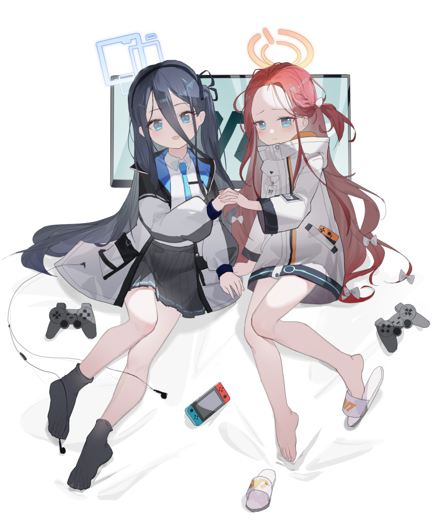 2girls absurdres aris_(blue_archive) bare_legs barefoot bed_sheet black_hair black_hairband black_skirt black_socks blue_archive blue_eyes blue_halo blue_necktie blush bow braid cable chinese_commentary closed_mouth commentary_request controller dualshock earphones earphones_removed forehead full_body game_controller gamepad hair_between_eyes hair_bow hairband halo handheld_game_console highres holding_hands jacket kele_mimi long_hair long_sleeves medium_skirt multiple_girls necktie nintendo_switch no_shoes one_side_up open_clothes open_jacket open_mouth playstation_controller pleated_skirt puffy_long_sleeves puffy_sleeves red_hair school_uniform shirt sitting skirt sleeve_cuffs slippers socks toenails toes very_long_hair white_bow white_footwear white_jacket white_shirt wide_sleeves yellow_halo yuzu_(blue_archive)