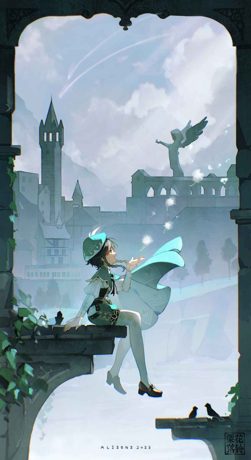 1boy absurdres aixixixixi aqua_hair artist_name beret bird black_hair braid brown_footwear building cape capelet chromatic_aberration city cloud cloudy_sky collared_capelet corset dandelion_seed dated day floating_hair frilled_sleeves frills genshin_impact gradient_hair green_cape green_capelet green_headwear green_shorts hair_between_eyes hand_up hat highres house long_sleeves male_focus mountain multicolored_hair pantyhose plant profile shirt shoes shooting_star short_hair_with_long_locks shorts side_braids sidelocks sitting sky solo statue swept_bangs tower tree twin_braids venti_(genshin_impact) vines water watermark white_pantyhose white_shirt