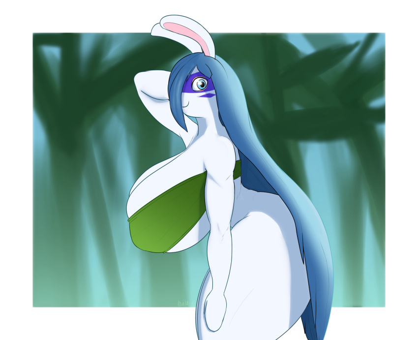 allegra_(mario_plus_rabbids) anthro big_breasts big_butt blue_eyes blue_hair bottomless breasts butt clothed clothing facial_markings female fur green_clothing green_topwear hair hair_over_eyes hand_behind_head head_markings hi_res huge_breasts huge_butt idaialo lagomorph leporid long_hair looking_at_viewer mammal mario_plus_rabbids_sparks_of_hope markings rabbid rabbit raving_rabbids rayman_(series) side_view smile solo thick_thighs topwear ubisoft white_body white_fur wide_hips