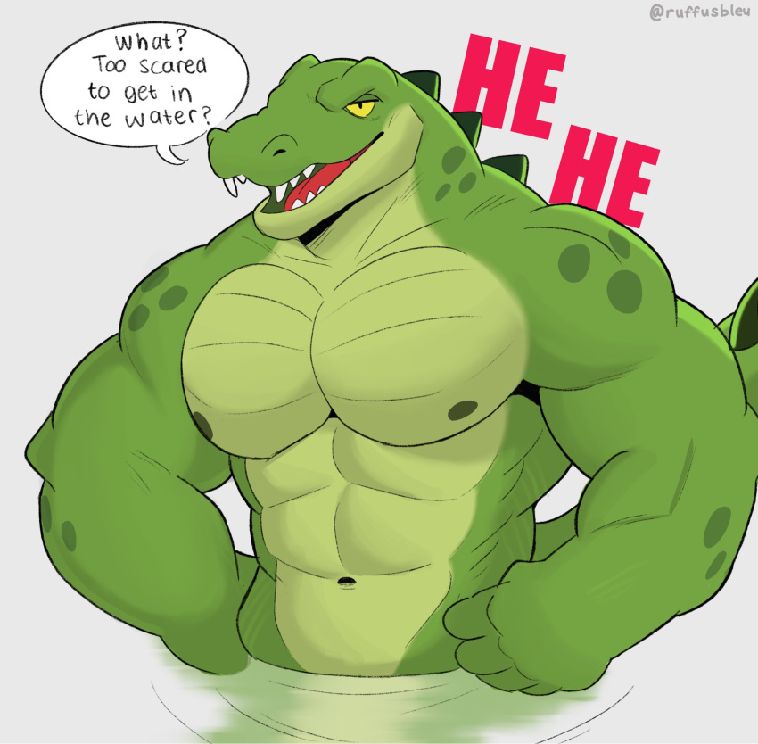 abs anthro artist_name countershade_scales countershade_torso countershading crocodile crocodilian crocodylid dialogue digital_media_(artwork) english_text fangs genitals green_body green_scales hand_on_hip hi_res looking_at_viewer male muscular muscular_anthro muscular_male neck_ridge nipples non-mammal_nipples non-mammal_pussy partially_submerged pecs pussy reptile ruffusbleu scales scalie sharp_teeth simple_background solo speech_bubble talking_to_viewer teeth text