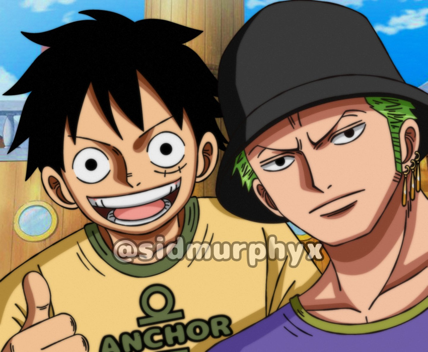 2boys alternate_costume black_hair black_headwear closed_mouth earrings green_hair hat jewelry looking_at_viewer monkey_d._luffy multiple_boys one_piece open_mouth roronoa_zoro scar scar_on_cheek scar_on_face short_hair sidmurphyx single_earring smile teeth thumbs_up