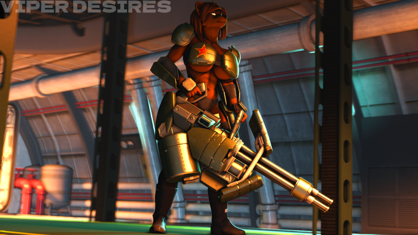 2023 3d_(artwork) 5_fingers anthro armor bear big_breasts black_nose boots breasts brown_bear brown_body brown_fur brown_hair clothed clothing dasha_(petruz) digital_media_(artwork) female fingers footwear fur gatling_gun gauntlets gloves gun hair handwear hi_res humanoid_hands machine_gun mammal minigun muscular muscular_anthro muscular_female navel panties petruz_(copyright) ranged_weapon shoulder_pads solo source_filmmaker standing unconvincing_armor under_boob underwear ursine viper-desires watermark weapon