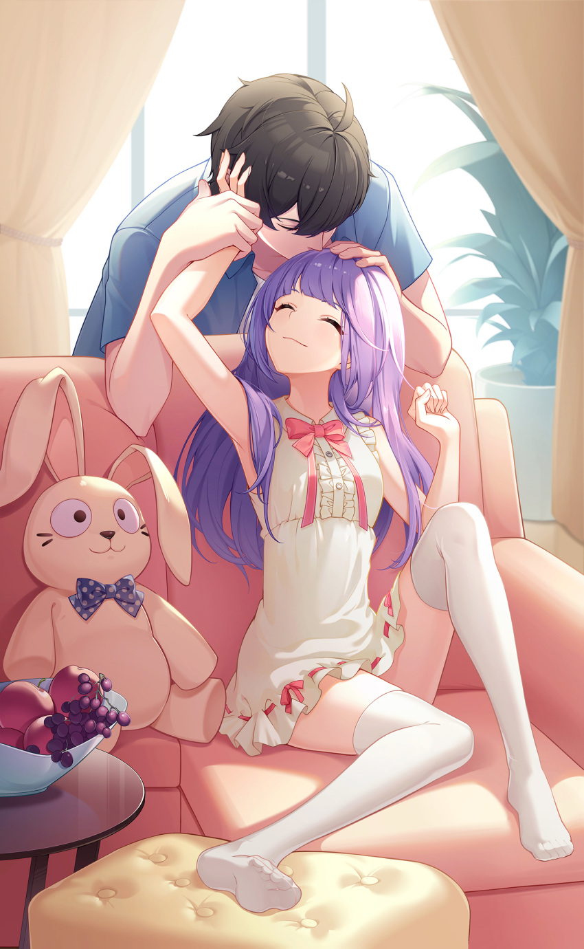 1boy 1girl absurdres apple black_hair blue_shirt bow breasts closed_eyes couch couple crazy_ones curtains dress food frilled_dress frills fruit grapes head_kiss highres official_art on_couch pink_bow plant polka_dot polka_dot_bow potted_plant protagonist_(crazy_ones) purple_hair qianye_zhizi shirt short_dress sitting small_breasts stuffed_animal stuffed_rabbit stuffed_toy table thighhighs white_dress white_thighhighs window yellow_curtain yellow_eyes