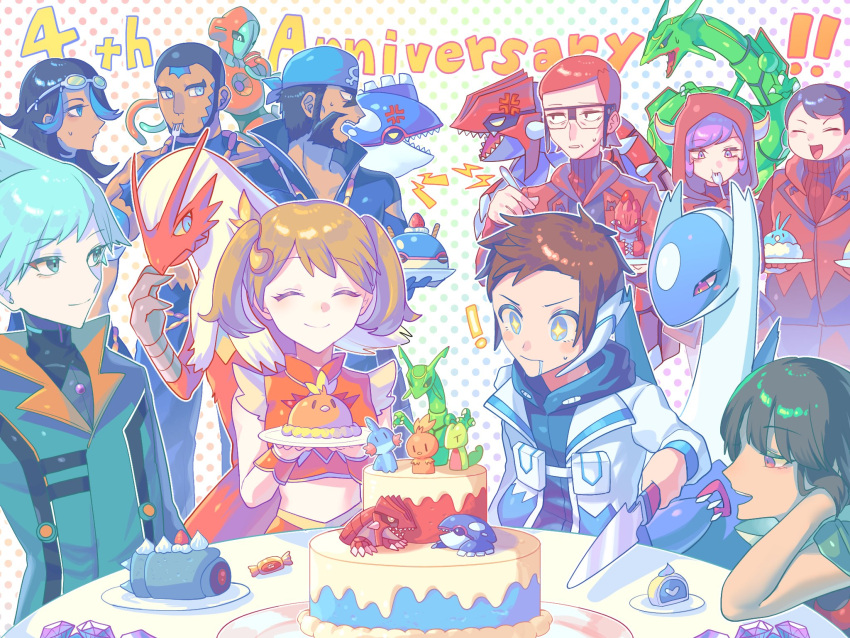 4girls 6+boys angry anniversary aqua_eyes aqua_hair archie_(pokemon) black_hair blaziken blue_eyes brendan_(pokemon) brendan_(sygna_suit)_(pokemon) brown_hair cake candy character_food closed_eyes closed_mouth courtney_(pokemon) dark-skinned_female dark-skinned_male dark_skin deoxys drooling facial_hair food fork gem glasses goggles goggles_on_head groudon highres holding holding_fork holding_knife hood hood_up horned_hood horns knife kyogre latios long_hair matt_(pokemon) maxie_(pokemon) may_(pokemon) may_(sygna_suit)_(pokemon) midriff multiple_boys multiple_girls open_mouth plate pokemon pokemon_(creature) pokemon_(game) pokemon_masters_ex purple_eyes purple_hair rayquaza red_eyes red_hair shelly_(pokemon) short_hair smile star-shaped_pupils star_(symbol) steven_stone steven_stone_(sygna_suit) sweatdrop symbol-shaped_pupils tabitha_(pokemon) table takibpkms twintails utensil_in_mouth zinnia_(pokemon)