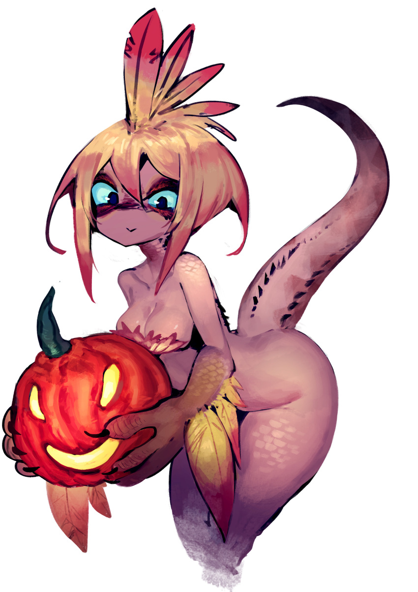 1girl :&gt; absurdres black_eyes blonde_hair blue_sclera breasts claws cleavage colored_sclera covered_nipples cropped_feet feathers highres horns jack-o'-lantern kulu-ya-ku leaning_forward monster_girl monster_hunter_(series) personification pumpkin scales short_hair single_horn sora_sakura spikes tail thick_thighs thighs