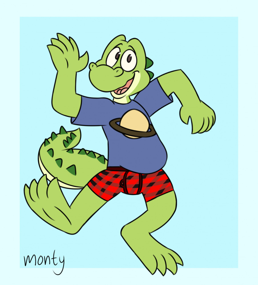 anthro barefoot black_boxer_briefs black_clothing black_eyes black_underwear blue_background blue_border blue_clothing blue_shirt blue_t-shirt blue_topwear border boxer_briefs checkered_boxer_briefs checkered_clothing checkered_underwear clothing colored_seam_underwear crocodile crocodilian crocodylid feet green_body green_scales hi_res male montypup open_mouth pattern_clothing pattern_underwear planet red_boxer_briefs red_clothing red_seam_boxer_briefs red_seam_underwear red_underwear relishshark reptile scales scalie shirt signature simple_background smile solo t-shirt tongue_showing topwear underwear