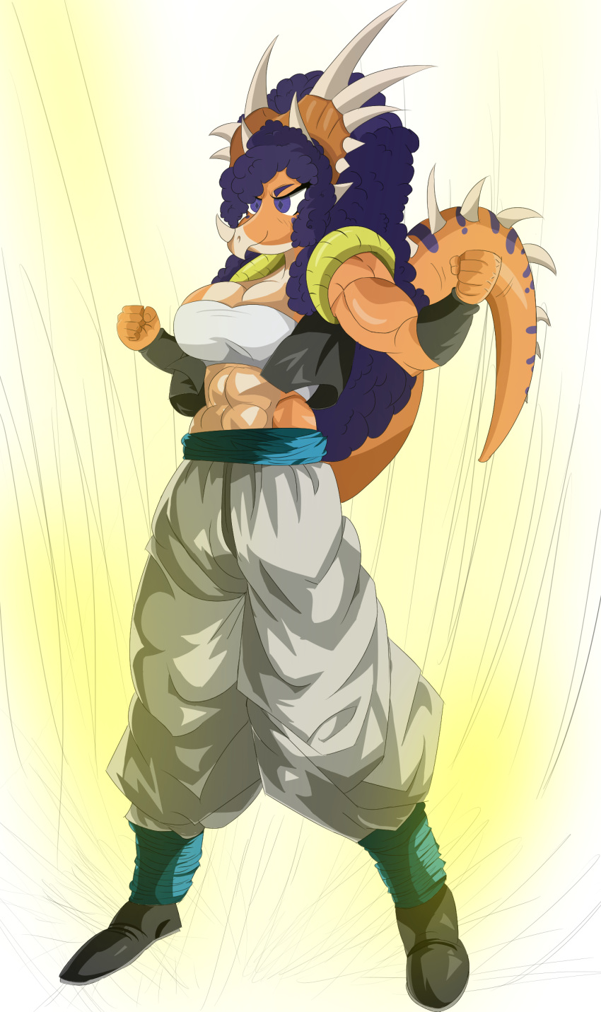 2022 abs absurd_res anthro aquilops athletic athletic_anthro athletic_female biceps big_breasts breasts ceratopsian cleavage clothed clothing cosplay crop_top digital_drawing_(artwork) digital_media_(artwork) dinosaur dragon_ball dragon_ball_z female fingers frill_(anatomy) fusion goodbye_volcano_high hair hi_res horn long_hair long_tail multicolored_body multicolored_scales muscular muscular_anthro muscular_female orange_body orange_scales ornithischian purple_eyes purple_hair reptile rosa_(gvh) scales scalie shirt simple_background smile snoot_game_(fan_game) snout solo spikes spikes_(anatomy) tail tan_body tan_scales topwear triceratops trish_(gvh) tube_top two_tone_body two_tone_scales unknown_artist