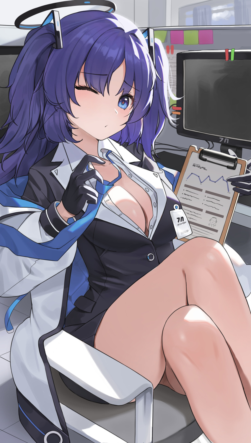 1girl absurdres black_gloves black_shirt black_skirt blue_archive blue_eyes blue_necktie breasts chair clipboard collared_shirt crossed_legs cubicle desk gloves halo highres holding holding_clipboard jacket kookie large_breasts loose_necktie miniskirt monitor necktie office office_chair one_eye_closed purple_hair shirt sitting skirt solo swivel_chair thighs white_jacket yuuka_(blue_archive)