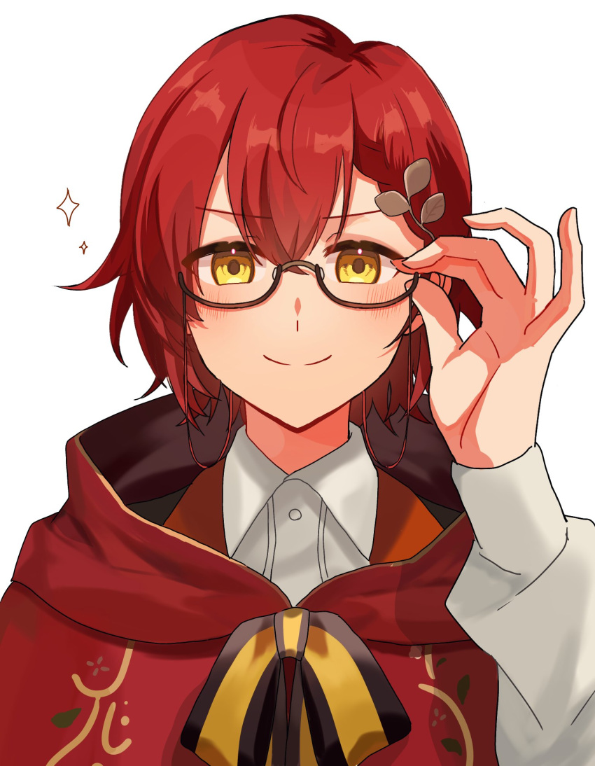 1boy adjusting_eyewear blush cloak closed_mouth glasses hair_between_eyes hair_ornament hanasaki_miyabi hanasaki_miyabi_(5th_costume) hand_on_eyewear highres holostars hood hood_down hooded_cloak leaf_hair_ornament looking_at_viewer male_focus portrait red_cloak red_hair rock_(yano_rock) short_hair smile solo sparkle virtual_youtuber white_background yellow_eyes