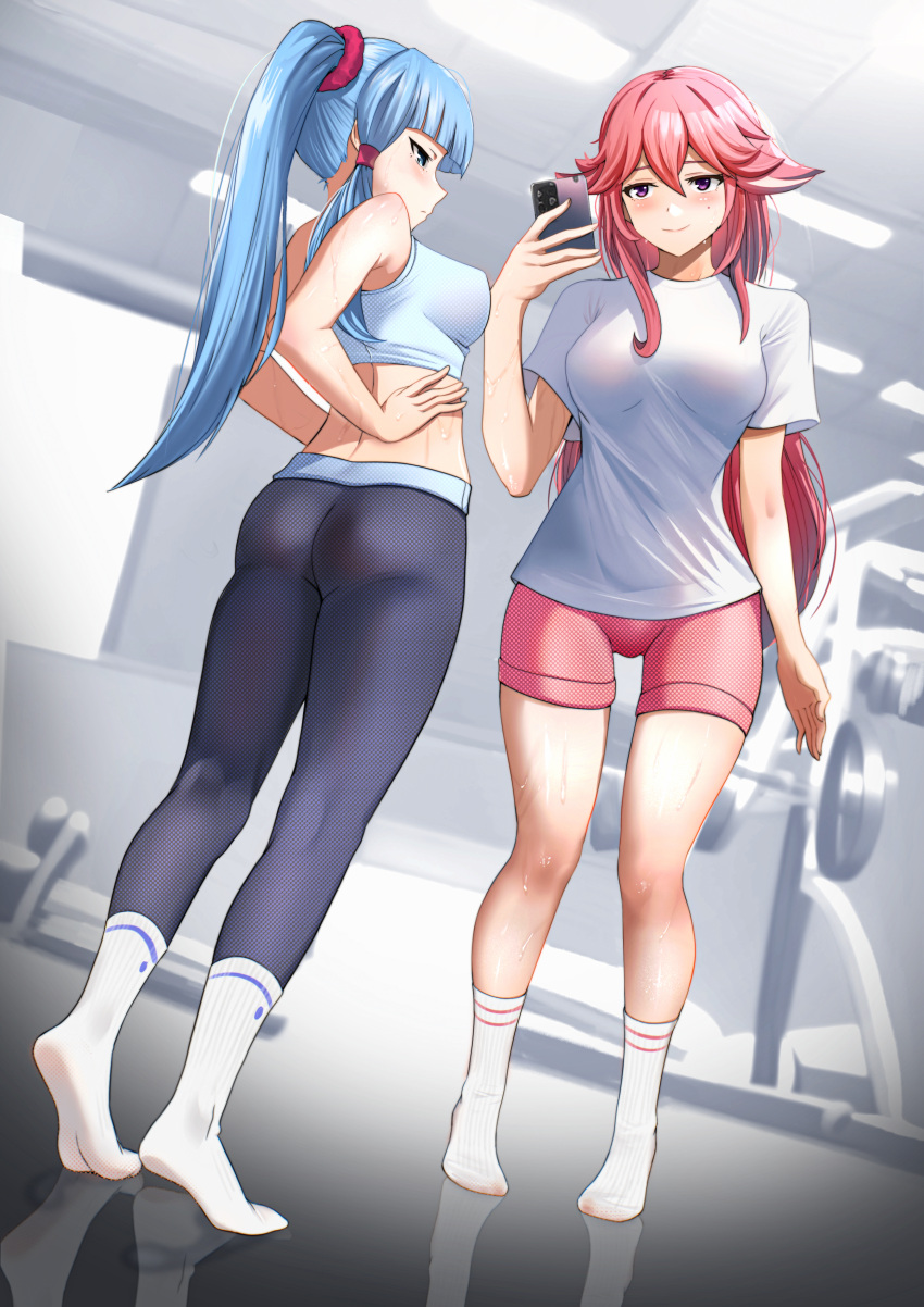2girls absurdres alternate_costume armpit_crease ass bare_shoulders blue_hair blue_leggings blunt_bangs breasts commentary dutch_angle english_commentary exercise_machine feet floppy_ears full_body genshin_impact ghhoward gym hair_ornament hair_scrunchie hair_tubes hand_up hands_on_own_hips highres indoors kamisato_ayaka large_breasts leggings long_hair multiple_girls no_shoes pink_hair pink_shorts ponytail reflective_floor ribbed_socks scrunchie shirt short_sleeves shorts sidelocks socks soles sports_bra standing sweat sweatdrop thighs tiptoes white_shirt white_socks white_sports_bra yae_miko