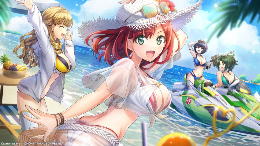 4girls arm_up ayato_utae banana beach bikini blonde_hair blue_eyes blue_hair chair closed_eyes cloud commentary_request dolphin_wave elbow_gloves fingerless_gloves food fruit fruit_basket gloves grapes green_eyes green_hair harunami_anri hat highres jacket jet_ski long_hair looking_at_viewer mole mole_under_eye multiple_girls official_art one_eye_closed ootomo_takuji open_clothes open_jacket pineapple ponytail red_hair sakimiya_iruka see-through short_hair sun_hat swimsuit thighhighs tojou_michiru wavy_hair wristband