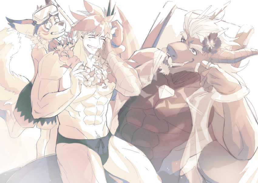 absurd_res amorey anthro barboros_(anothereidos_r) canid canine canis clothing dragon flower_necklace gaia_(anothereidos_r) ge5ajtqitgcpx0m group hair hi_res horn human hybrid jackal kobold long_hair male mammal muscular muscular_male on_lap pecs sitting sitting_on_lap snorkel speedo swimming_goggles swimming_trunks swimwear