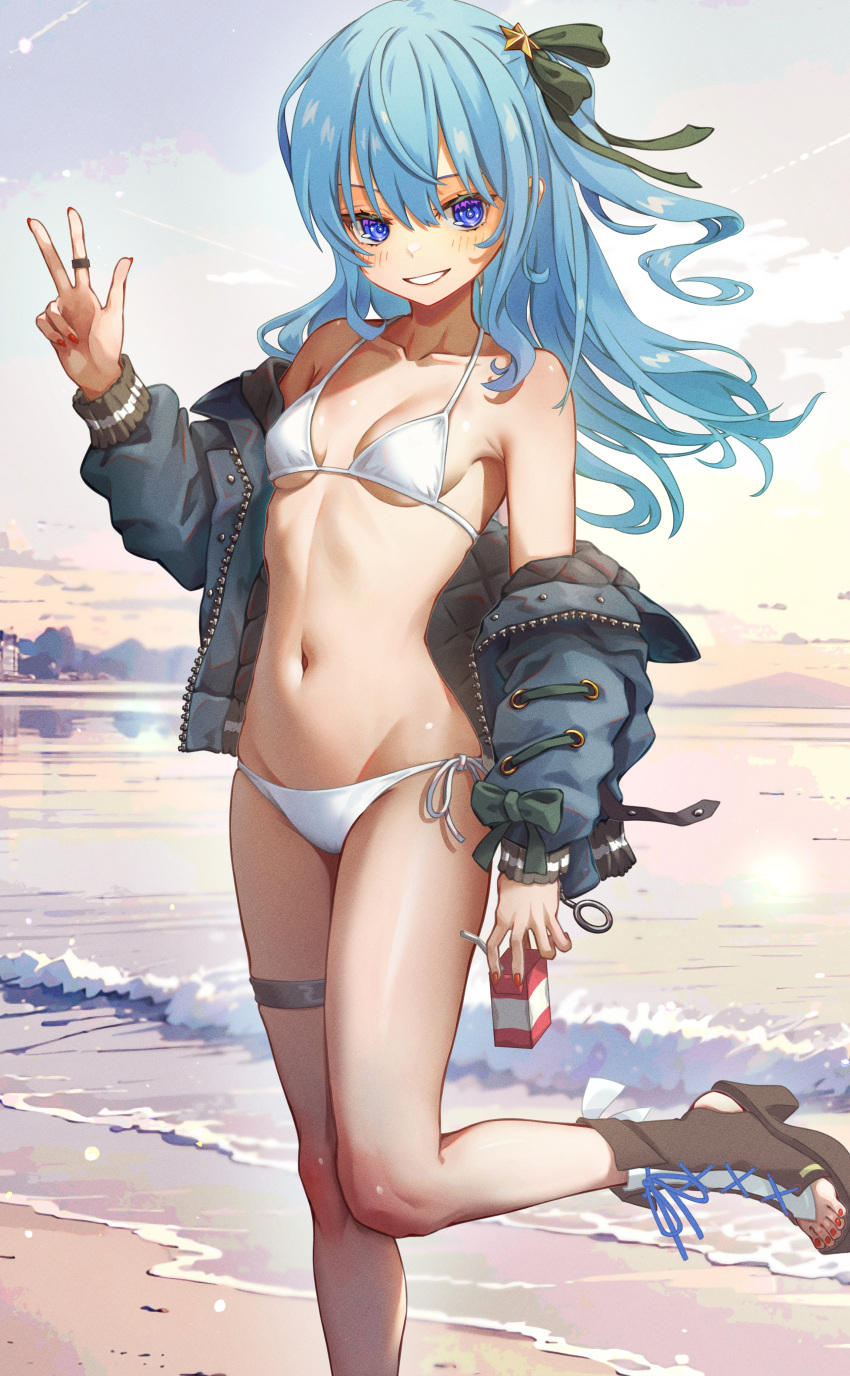 1girl absurdres alternate_costume annmitsu114 armpit_crease beach bikini blue_eyes blue_hair blush breasts brown_footwear cloud cloudy_sky collarbone commentary feet floating_hair foot_out_of_frame green_ribbon hair_between_eyes hair_ribbon hand_up high_heels highres holding hololive hoshimachi_suisei jacket juice_box long_hair long_sleeves looking_at_viewer nail_polish navel ocean off_shoulder one_side_up open_clothes open_jacket outdoors red_nails ribbon ribbon_trim sandals shiny_skin side-tie_bikini_bottom sky small_breasts smile solo standing standing_on_one_leg star_(symbol) star_in_eye stomach swimsuit symbol_in_eye thigh_strap thighs toeless_footwear toenail_polish toenails toes virtual_youtuber w white_bikini