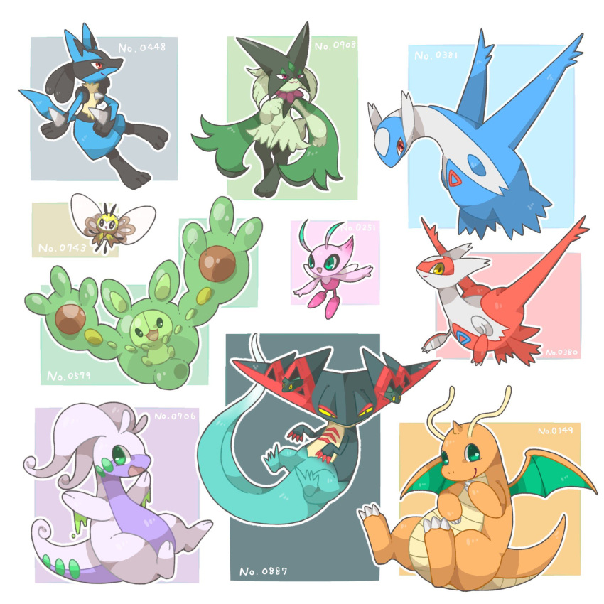 :d alternate_color animal_focus black_eyes blue_skin border celebi colored_sclera colored_skin commentary_request dragapult dragon_wings dragonite floating goodra green_eyes green_fur highres latias latios lucario meowscarada no_humans open_mouth orange_skin pink_skin pokemon pokemon_(creature) purple_skin red_eyes red_skin reuniclus ribombee shiny_pokemon sitting slime_(substance) smile spikes tail towa_(clonea) white_border wings yellow_eyes yellow_sclera