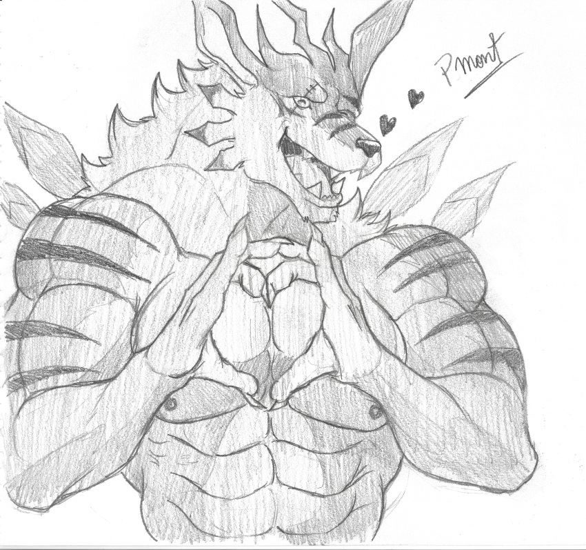 &lt;3 abs absurd_res anthro bandai_namco barazoku biceps canid canine canis digimon digimon_(species) fangs hi_res huge_filesize male male/male mammal muscular muscular_anthro muscular_male neck_tuft nipples pecs pinumontbalou scar solo striped_body stripes superabsurd_res teeth tongue traditional_media_(artwork) tuft were werecanid werecanine weregarurumon werewolf wolf