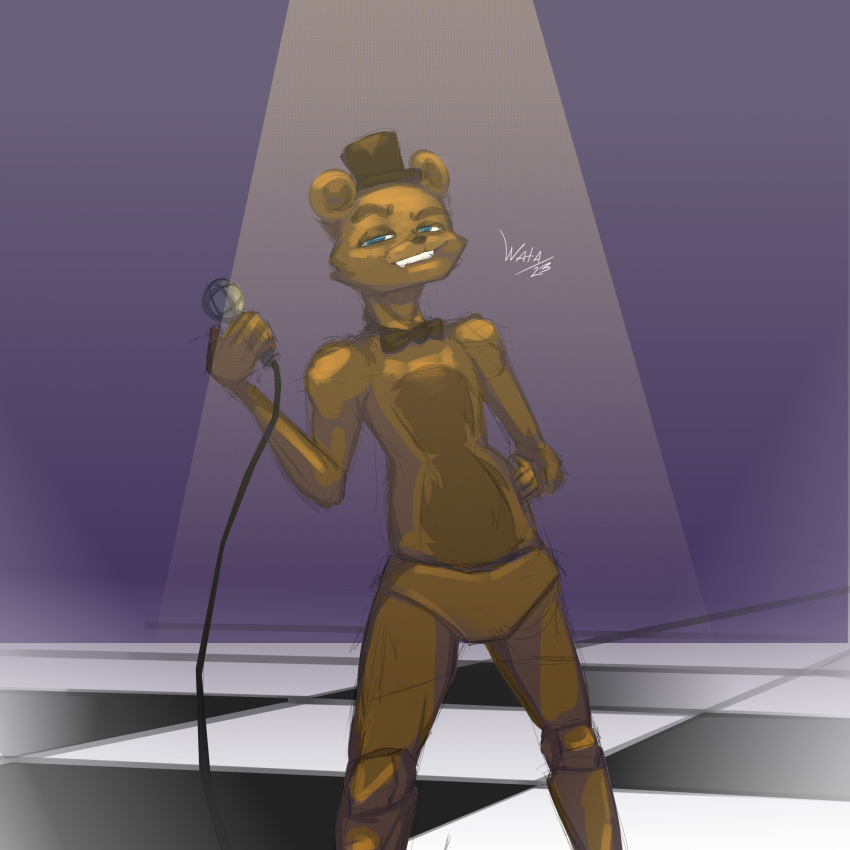 anthro bear bow_tie fangs five_nights_at_freddy's freddy_(fnaf) hi_res looking_at_viewer male mammal microphone scottgames solo teeth watashiao