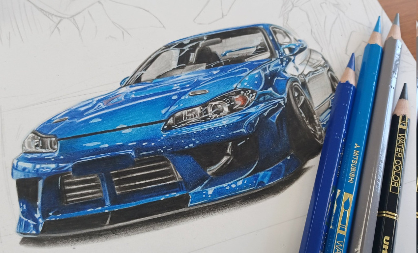 art_tools_in_frame blue_car car colored_pencil_(medium) highres motor_vehicle nissan nissan_s15_silvia nissan_silvia no_humans original photo_(medium) shadow sports_car takapon_0505 traditional_media vehicle_focus white_background