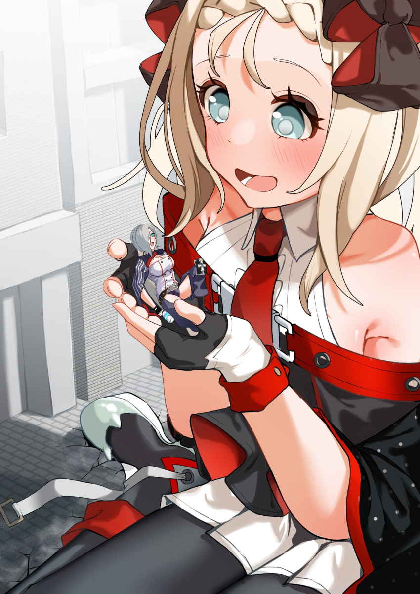 2girls absurdres black_pantyhose blue_eyes commission ert_raitsui fingerless_gloves giant giantess girls'_frontline gloves green_eyes grey_hair hair_over_one_eye highres light_blush long_hair mg5_(girls'_frontline) mp5_(girls'_frontline) multiple_girls open_mouth pantyhose pleated_skirt second-party_source short_hair sitting size_difference skeb_commission skirt smile white_hair white_skirt