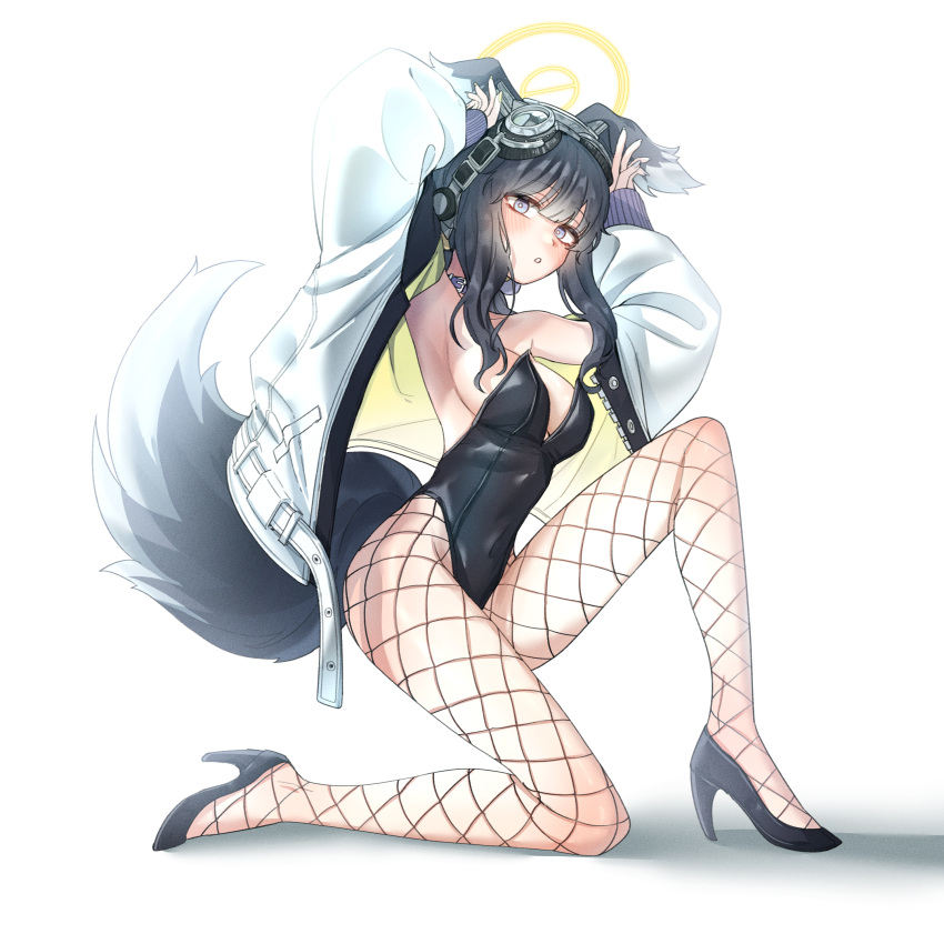 1girl absurdres alternate_costume animal_ear_fluff animal_ears armpits arms_up bare_shoulders black_footwear black_hair black_leotard blue_archive blush breasts covered_navel detached_collar dog_ears dog_girl dog_tail eyewear_on_head fishnets full_body goggles goggles_on_head halo hibiki_(blue_archive) high_heels highres legs leotard long_sleeves looking_at_viewer medium_breasts moonb3702 on_one_knee pantyhose playboy_bunny rabbit_pose shoes simple_background solo strapless strapless_leotard tail thighs white_background yellow_halo