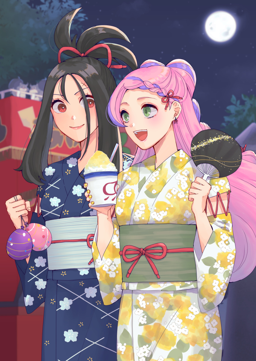 2girls :d alternate_costume black_hair blue_kimono braid bright_pupils closed_mouth commentary_request cross_scar dendra_(pokemon) drinking_straw eyelashes eyeshadow food green_eyes green_sash grey_sash hair_ribbon highres holding holding_paddle japanese_clothes kimono makeup miriam_(pokemon) moon multiple_girls nail_polish night nm_ngi open_mouth outdoors paddle pink_eyeshadow pokemon pokemon_(game) pokemon_sv ponytail red_eyes ribbon sash scar scar_on_face scar_on_forehead shaved_ice sky smile teeth tongue upper_teeth_only white_pupils yellow_nails yukata